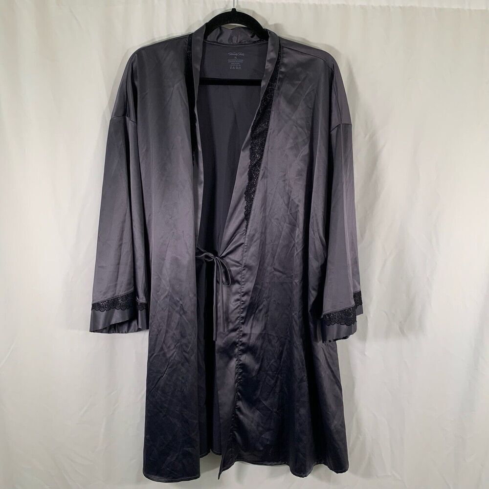 Vanity Fair Women's Robe Women's XL Grey Satin Lace Long Sleeve Missing Tie